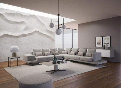 Living room gray upholstered corner sofa L-shape design coffee table side table